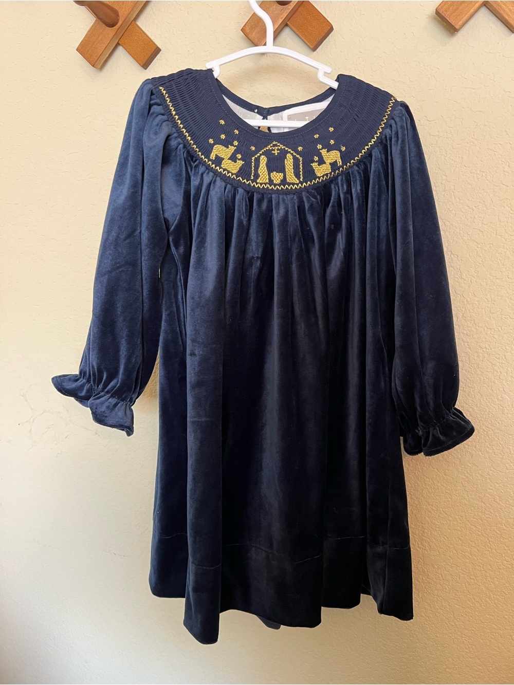 Girls Navy Velvet Dress with Gold Nativity Smocking